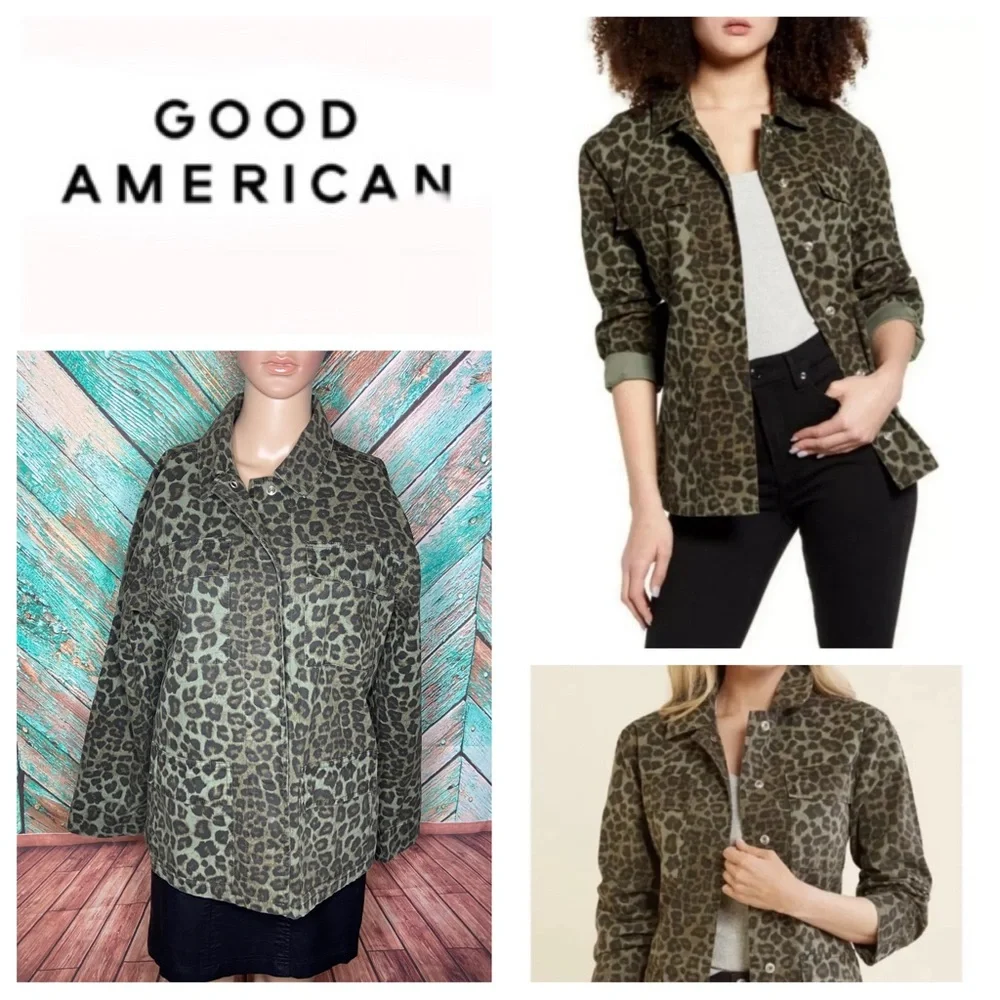 Good American Sage Green Leopard Cotton Utility Jacket With Pockets - Picture 1 of 11